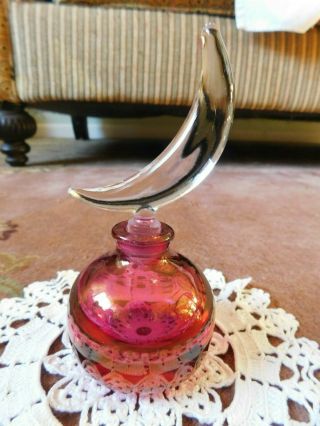 Antique Perfume Bottle Cranberry Glass W/ Moon Shape Topper 5 1/2 " Earlier Piece