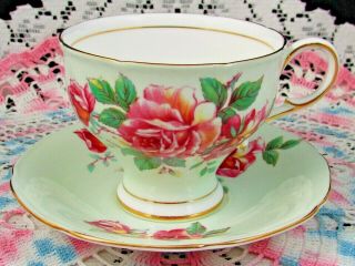Paragon Pink Roses Light Green Corset Style Tea Cup And Saucer