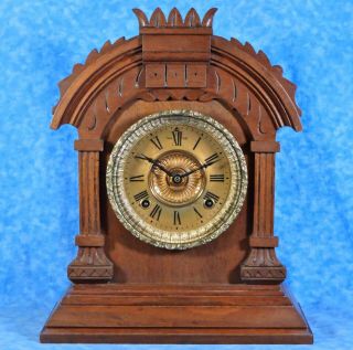Antique Ansonia Tunis Walnut Mantel Clock - 8 Day Key Wind Gong Chime - Well