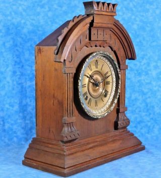 Antique Ansonia TUNIS Walnut Mantel Clock - 8 Day Key Wind Gong Chime - Well 2