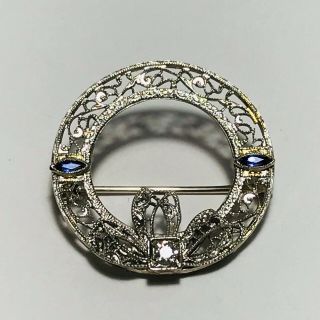 Antique Art Deco Era 14k White Gold Filigree Diamond And Sapphire Brooch