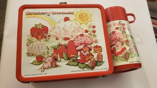 Vintage 1980 Strawberry Shortcake Aladdin Metal Lunchbox With Thermos Shape