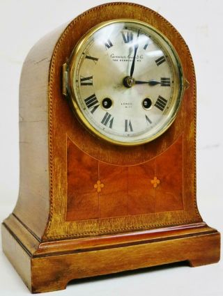Antique Hac 8 Day Domes Top Inlaid Mahogany Gong Striking Mantel Clock