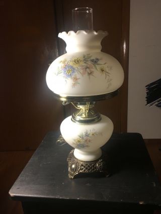 Vintage Hurricane Parlor Lamp Large Hand Painted Flowers Milk Glass 16 " Tall Vgc