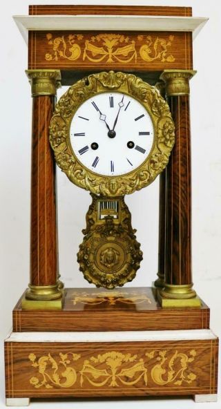 Rare Antique French 8 Day Rosewood & Marquetry Inlaid Portico Mantel Clock