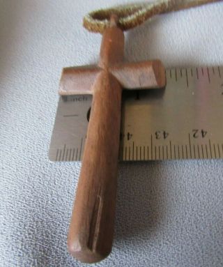 BROWN WOODEN CARVED CROSS WITH LEATHER RAW HIDE CORD WALL OR WEAR 3