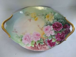 Antique Pink Yellow Rose Porcelain Vanity Tray With Gold Trim
