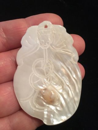 Vintage Carved Chinese Mother Of Pearl Blister Pearl Pendant With Bat & Coins 2