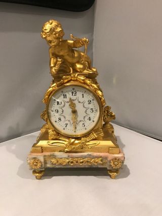 Gilded Metal & Onyx Mantle Shelf Clock With Cherub Antique French Louis Xv Style