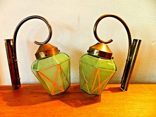 Vintage French Brass Wall Lights With Green Art Deco Shades