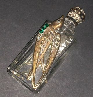 Fine Vintage Czech Glass Gilt Metal Jeweled Birt Figure Scent Perfume Bottle