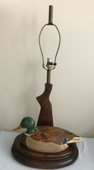 Vintage Carved Wood Mallard Duck Decoy & Gun Stock Table Lamp