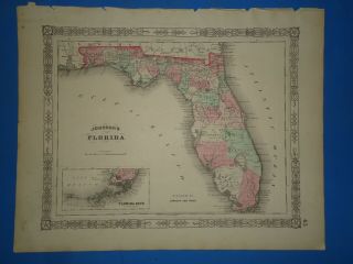 Vintage 1864 Florida Map Old Antique Johnson 