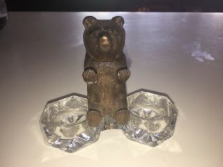 Antique German Black Forest Carved Wood Bear Crystal Salt Spice Cellar