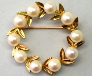 Vintage 14k Solid Gold And Pearl Leaf Pin/brooch