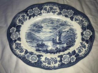Antique Vintage Blue And White Platter Lochs Of Scotland Made In England