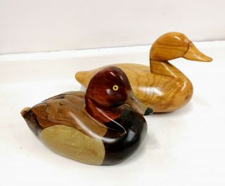 Two Heavy Solid Hand Carved Wooden Duck Decoys - Possibly Tom Taber - Unsigned