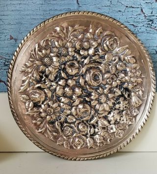 Vintage Brass Charger Plate Wall Hanging Repousse Flowers Lombard England