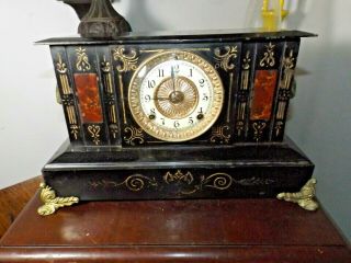 Antique 1800s Eastlake Ansonia Cast Iron Mantle Clock W/ram Heads Runs