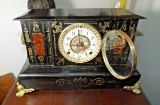 Antique 1800s Eastlake Ansonia Cast Iron Mantle Clock w/Ram Heads Runs 2