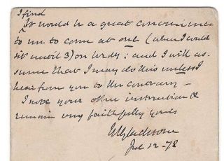 William Gladstone Autographed Card 1878 Signed / To Artist John Everett Millais