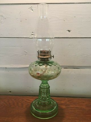 Vintage Green Glass Dimple Oil Kerosene Lamp Lantern With Clear Chimney