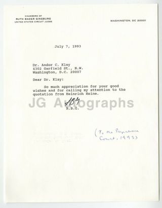 Ruth Bader Ginsburg - Associate Justice,  Supreme Court - Signed Letter,  1993