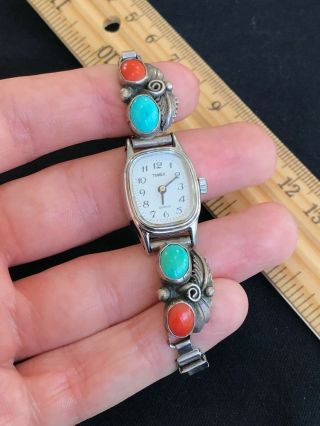 Vintage Signed Lm Native American Sterling Silver Turquoise Red Coral Watch Tips
