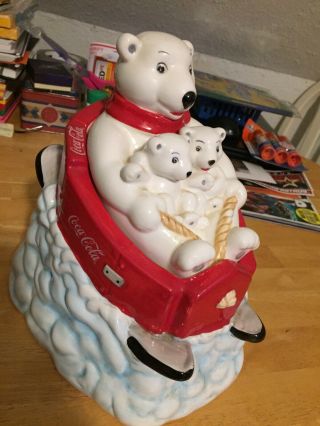 Coca - Cola Polar Bear Family On A Sled Cookie Jar.  Gibson