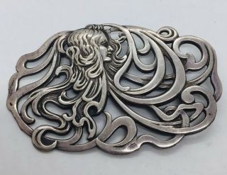 English Antique Art Nouveau Lady Sterling Silver Large Ornate Pin