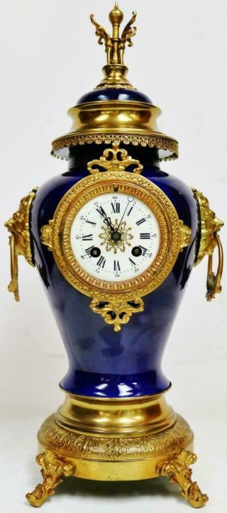Antique French 8 Day Bell Striking Blue Glazed Porcelain & Bronze Mantel Clock