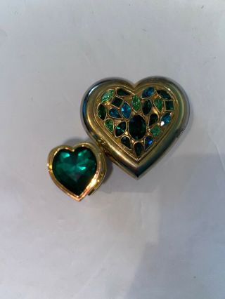 Vintage Ysl Yves Saint Laurent Green Crystal Heart Jewel Compact & Lipstick