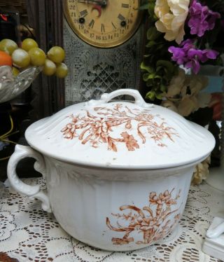 Antique Victorian Ironstone Chamber Pot Brown Floral Transferware & Lid Lg 10 "
