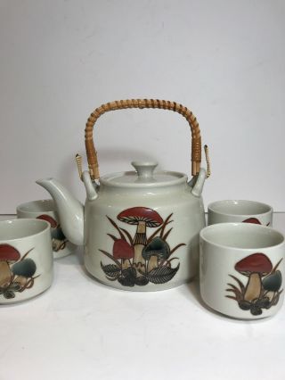 Vintage Otagiri Japan Hand Crafted Teapot 4 Cups Earthy Mushrooms Wicker Handle 2