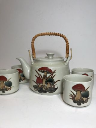 Vintage Otagiri Japan Hand Crafted Teapot 4 Cups Earthy Mushrooms Wicker Handle 3