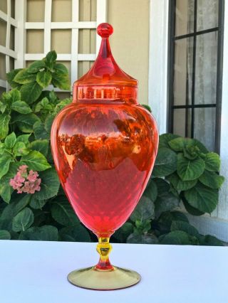Vtg Lrg Orange Murano Empoli Italian Art Glass Candy Dish Apothecary Jar Mcm