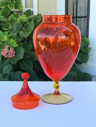 Vtg Lrg Orange Murano Empoli Italian Art Glass Candy Dish Apothecary Jar MCM 2