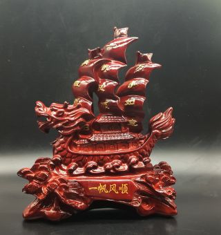 Red Delicate Dragon Boat Hand Carved Wooden Statue Z9008
