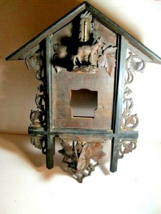 Rare Large Black Forest Carved Cuckoo Clock Case Ram Head Thermometer Kammer