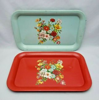 Two Vintage Metal Bed Lap Tv Serving Tray Red And Aqua Carnations Flowers Floral