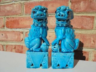 Pair Antique Vintage Chinese Export Porcelain Turquoise Glaze Foo Dogs Lions 6 "