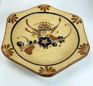 Large Mexico Sandstone Tonala Hand Painted Owl Hexagon Pottery Folk Art Plate