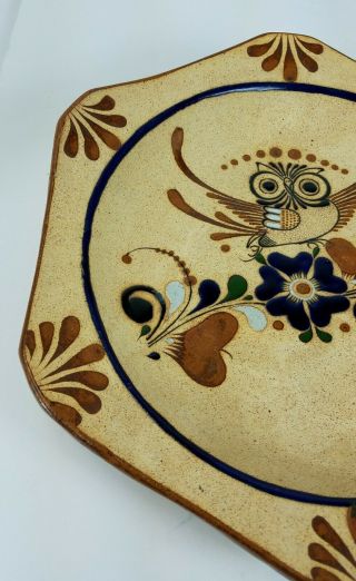 Large Mexico Sandstone Tonala Hand Painted Owl Hexagon Pottery Folk Art Plate 2
