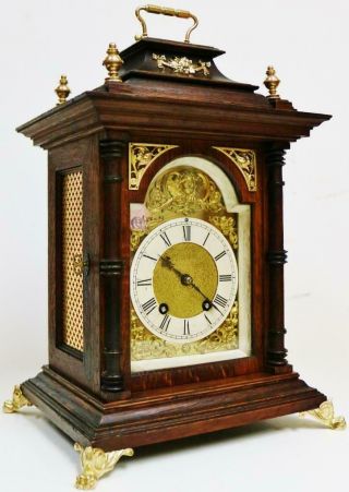 Antique Lenzkirch Carved Oak Architectural 8 Day Gong Striking Bracket Clock