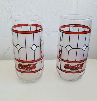 Set Of 2 Vintage Tiffany Style Coke Frosted Stained Glass Coca Cola Glasses