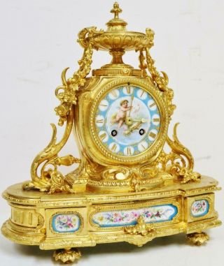 Antique French Bronze Ormolu & Sevres Porcelain 8 Day Bell Striking Mantle Clock