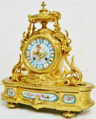 Antique French Bronze Ormolu & Sevres Porcelain 8 Day Bell Striking Mantle Clock 2