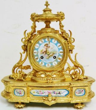 Antique French Bronze Ormolu & Sevres Porcelain 8 Day Bell Striking Mantle Clock 3