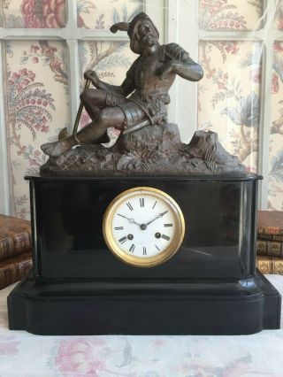 Wonderful Antique French Mantel Clock Pendulum Sculpture Bronze Patina Marble