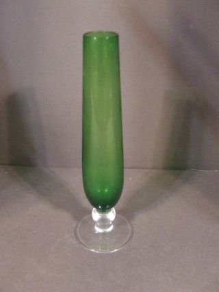 Vintage Mid Century Green Art Glass Bud Vase With Clear Foot